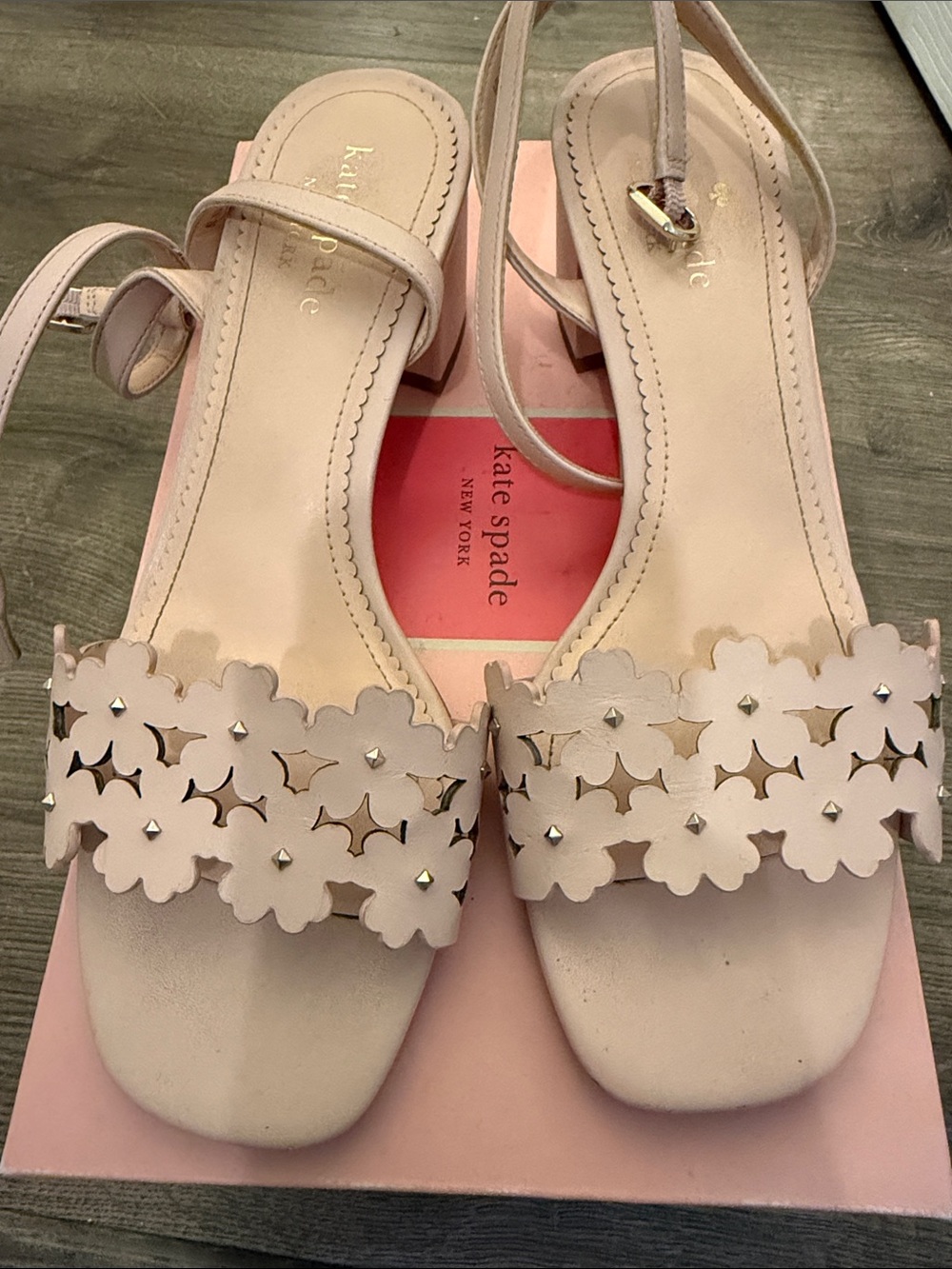 kate spade Blush Floral Cutout Slingback Sandals with Gold Studs